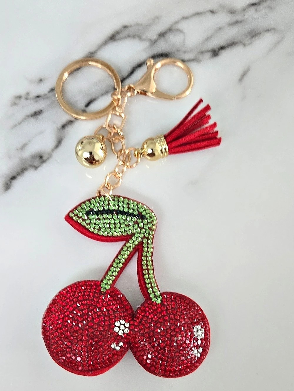 Rhinestone Cherry Keychain in Red & Green